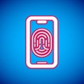 White Smartphone with fingerprint scanner icon isolated on blue background. Concept of security, personal access via Royalty Free Stock Photo