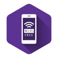 White Smartphone with free wi-fi wireless connection icon with long shadow. Wireless technology, wi-fi connection