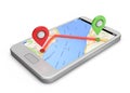 White smartphone gps map and pins on the screen Royalty Free Stock Photo