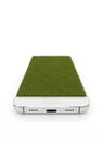 White smartphone with grass covered screen. Mobile phone isolated on a white background with copy space. Realistic grass grows on