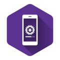 White Smartphone update process with gearbox progress and loading bar icon isolated with long shadow. System software