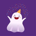 White Smiling Little Ghost Having Fun in Party Hat, Cute Halloween Spooky Character Vector Illustration Royalty Free Stock Photo