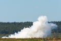 White smoke from a beginning forest fire in the grass.