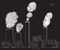 White smokestack on black background. Illustration of air pollution caused by fume from factory and plant pipe, tube