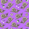 White snails cartoon character with flowers and berries, outline doodle, seamless pattern design on purple