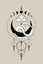 White Snake on Crescent Moon and Lotus Flower, Sacred geometry. Moon Phases, black half moon pagan Wiccan goddess symbol, wicca Royalty Free Stock Photo