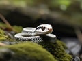 A white snake is relaxing on a mossy rock during the day