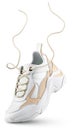 White sneaker with flying laces stands on the tip isolated on white