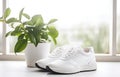 white sneakers and bottle of water on white wooden floor near window for sport fitness card design