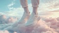 White sneakers floating above pastel clouds in dreamy sky, featuring 2026 color of the year Cloud Dancer Royalty Free Stock Photo