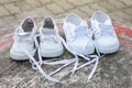 White sneakers of student old and new that are washed and dried in the sun. Royalty Free Stock Photo