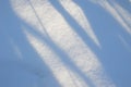 White Snow background with blue shadows of tree trunks, diagonal composition, light and shadow play Royalty Free Stock Photo