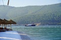 White snow Beach and tropical sea in sunrise, Bodrum, Turkey. No people. Banner Lux vacation. Clear turquoise ocean Royalty Free Stock Photo