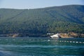 White snow Beach and tropical sea in sunrise, Bodrum, Turkey. No people. Banner Lux vacation. Clear turquoise ocean Royalty Free Stock Photo