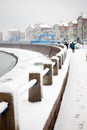 White snow coverd the guardrail of seaside Royalty Free Stock Photo