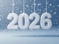 Snow-Covered 2026 Numbers Hanging Against Blue Winter Background Royalty Free Stock Photo