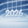 Snow-Covered 2026 Numbers Hanging Against Blue Winter Background Royalty Free Stock Photo