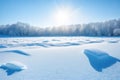 WHITE SNOW IN SUN LIGHT ON LIGHT BLUE FROSTY SKY, BRIGHT WINTER BACKDROP BACKGROUND WITH EMPTY SNOWY FIELD