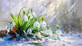 White snowdrop flowers with green leaves growing out of the snow. Illustration. Sunshine. Banner with space for your own content. Royalty Free Stock Photo