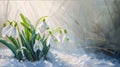 White snowdrop flowers with green leaves growing out of the snow. Illustration. Sunshine. Banner with space for your own content.