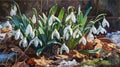 White snowdrop flowers with green leaves growing out of the snow. Illustration. Sunshine. Flowering flowers, a symbol of spring, Royalty Free Stock Photo