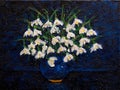 white snowdrops in a blue vase. original painting oil on canvas 30x40 cm