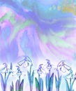 White snowdrops flowers on colorful abstract splashes background in blue, green color palette Royalty Free Stock Photo