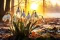 White snowdrops in the forest at sunrise