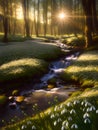 White snowdrops near creek in spring forest AI generated art