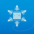 White snowflake on ice with new year date. Happy New Year 2023. Inscription 2023 inside snowflake. Vector