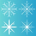 White snowflake icons collection in line style isolated on blue background. New year design elements, frozen symbol, Vector Royalty Free Stock Photo