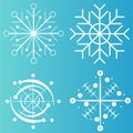 White snowflake icons collection in line style isolated on blue background. New year design elements, frozen symbol, Vector Royalty Free Stock Photo