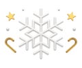 White snowflake winter holiday ornament golden sweet cane stars confetti realistic 3d icon vector