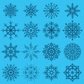 White snowflakes big set of different variations on azure background. Thin linear snow collection. New year snow