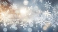 White snowflakes, blue background color and the ever-present bokeh effect, banner with space for your own content Royalty Free Stock Photo