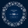 White snowflakes circle frame on dark blue background. Vector sale banner Royalty Free Stock Photo