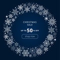 White snowflakes circle frame on dark blue background. Vector sale banner Royalty Free Stock Photo