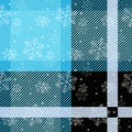 White snowflakes seamless with blue tartan pattern. Winter white snow and plaid holidays collection. Vector illustration Royalty Free Stock Photo