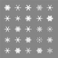 White snowflakes set isolated on gray background. Snow elements for Happy New Year and Merry Christmas holidays greeting Royalty Free Stock Photo