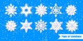 White snowflakes with shadow on blue background. Paper cut. Vector illustration. Winter set for decorating for the new year and C Royalty Free Stock Photo