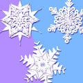 White snowflakes with shadow on blue background. Paper cut. Vector winter illustration for decorating for the new year and Christ Royalty Free Stock Photo