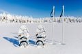 White snowshoes with trekking poles in the snow on the winter forest and snowy background. Snowshoeing in Finland