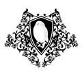 White snowy owl bird and rose flowers heraldic shield vector design Royalty Free Stock Photo