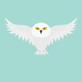 White Snowy owl. Flying bird with big wings. Yellow eyes. Arctic Polar animal collection. Baby education. Flat design. Isolated. Royalty Free Stock Photo