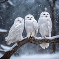 White Snowy Owls Perched On Winter Tree