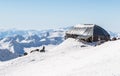 White snowy winter Caucasus mountains at sunny day. Panorama view from ski slope Elbrus, Russia