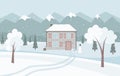 White snowy winter landscape with cute country house, mountains, fir trees and snowman. Royalty Free Stock Photo