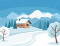 White snowy winter landscape with cute country house and mountains and trees. Vector illustration in flat style. Royalty Free Stock Photo