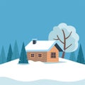 White snowy winter landscape with cute country house and mountains and trees. Vector illustration in flat style. Royalty Free Stock Photo