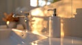 A white soap dispenser sitting on a bathroom sink with sunlight coming in, AI